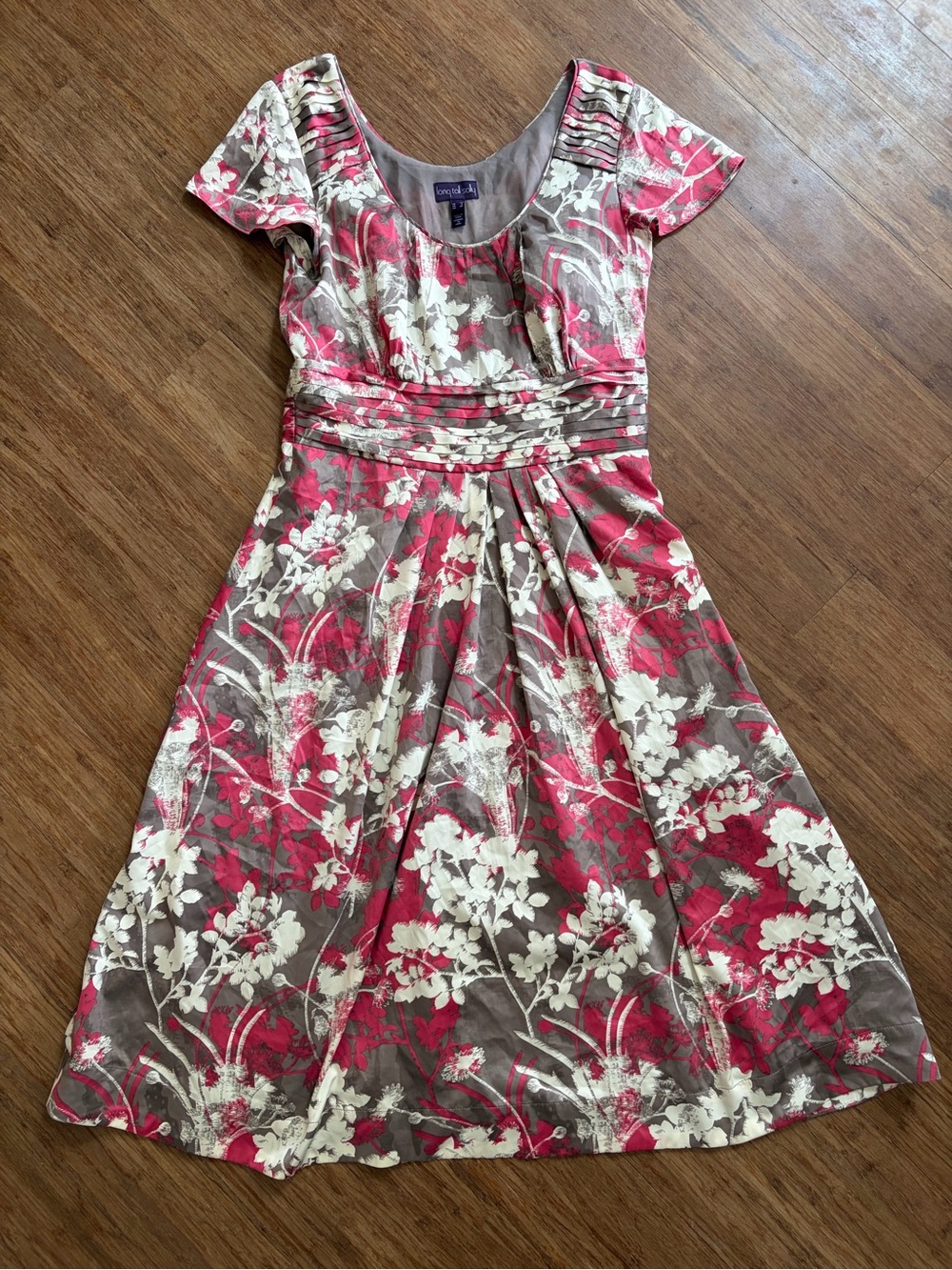 Long Tall Sally Floral Pleated Empire Waist Midi Dress Pink Grey US 8 UK 12